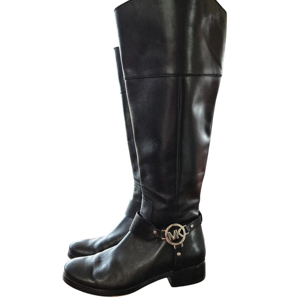 Michael Kors Black Leather Tall Riding Boots Silver MK Logo Medallion Womens 7M